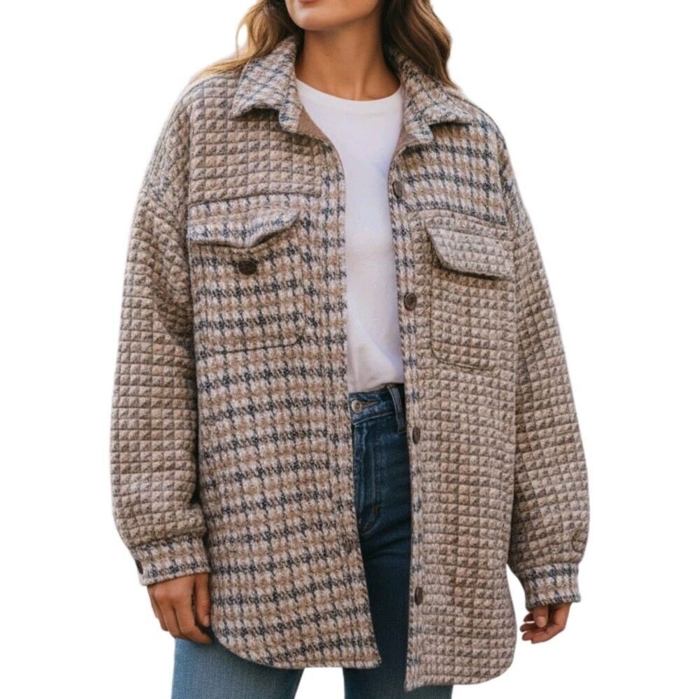White Birch Brown Jacket Long Sleeve Houndstooth Shacket Distressed Size M
